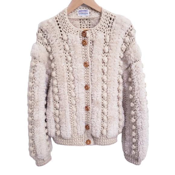 Vintage 70s Answers by Riddles Boho Crochet Cream Oversized Jacket Sweater, Sz S - Picture 1 of 10